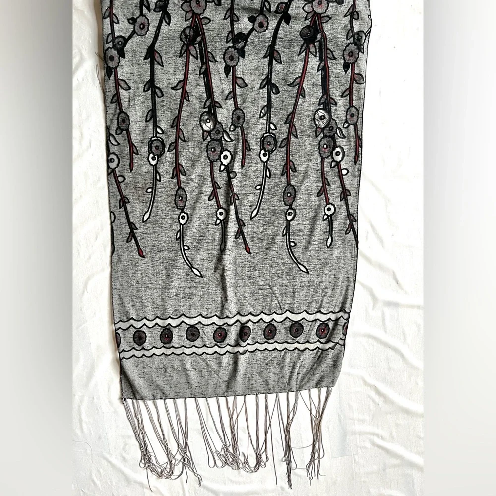 Floral Gray Scarf Fringe reversible silky flowy Black silver Sparkly lightweight
